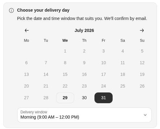 Shopify checkout showing the TrueSlot delivery day picker: a July calendar with weekends and past dates unavailable, Friday 31 selected, and a delivery window set to Morning, 9:00 AM to 12:00 PM.