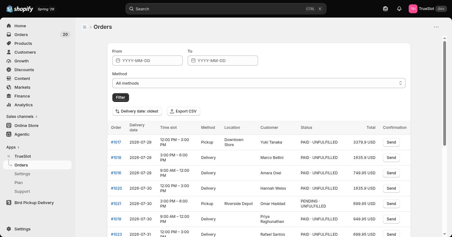 The TrueSlot orders screen inside the Shopify admin, listing scheduled orders with their delivery date, time slot, method, pickup location, and customer.